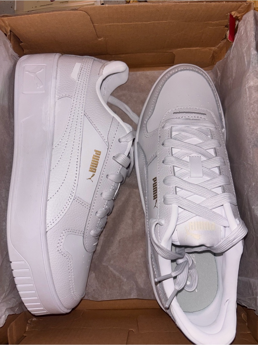 Puma White Leather Low-Top Sneakers with Gold Accents